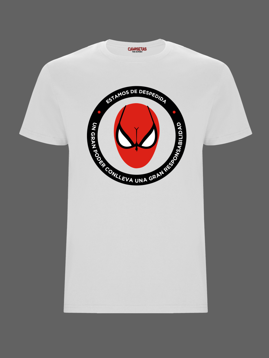 Camiseta despedida Spider-Man, de manga corta con cuello redondo, 100% algodón, totalmente personalizada. Un gran poder conlleva una gran responsabilidad.